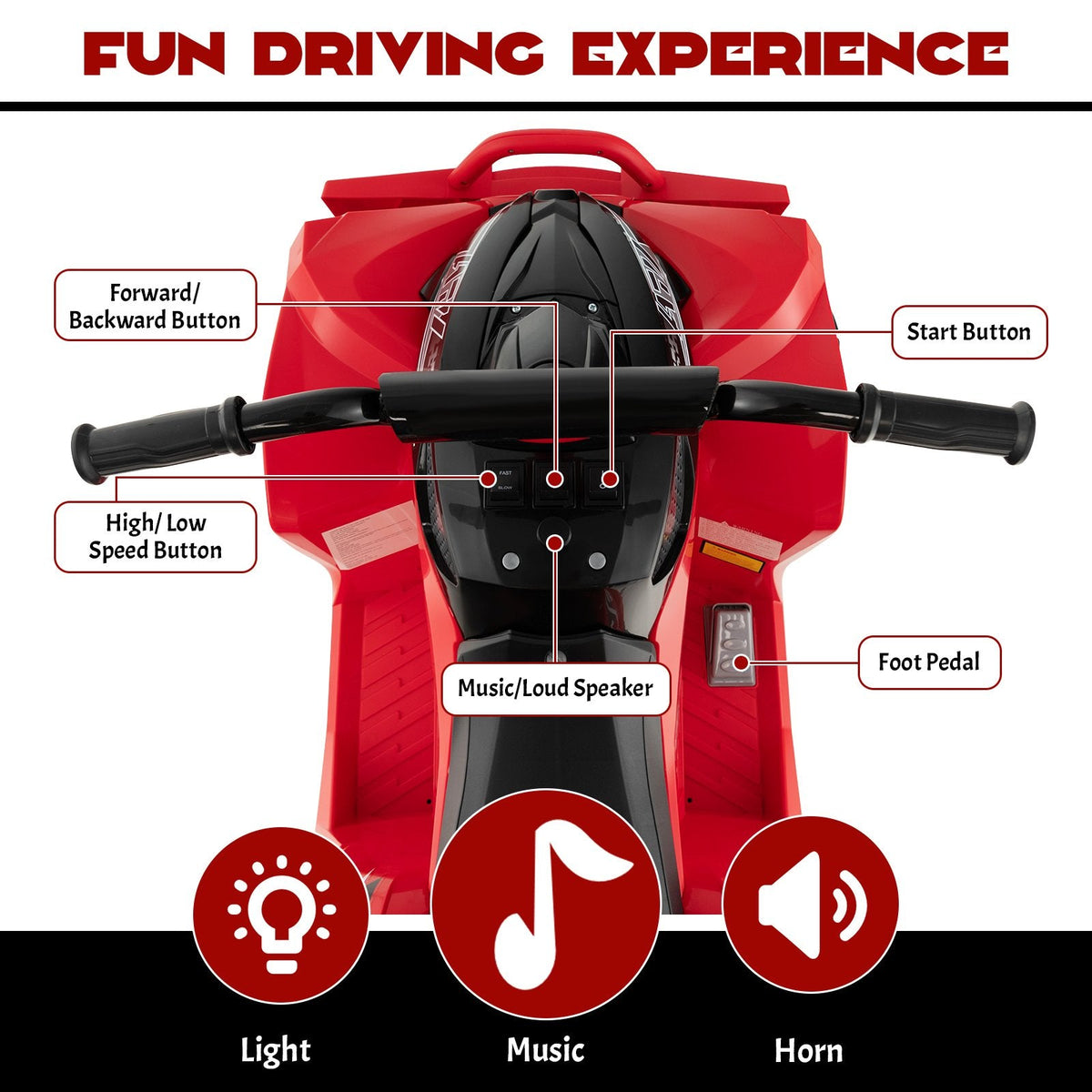 Cuatrimoto eléctrica de 12V para niños con botones independientes de arranque, dirección y velocidad, reposapiés anchos, capacidad de 77 lb, color rojo