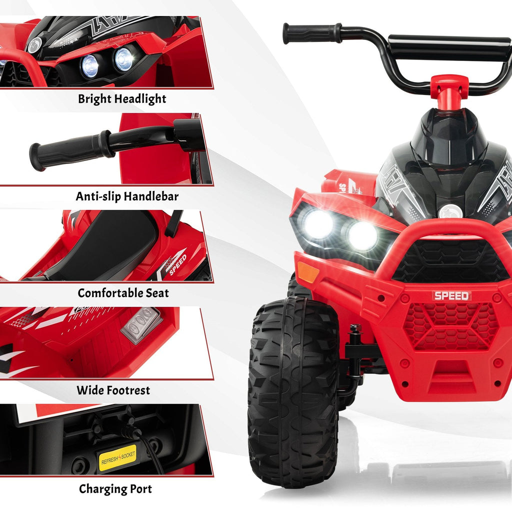 Cuatrimoto eléctrica de 12V para niños con botones independientes de arranque, dirección y velocidad, reposapiés anchos, capacidad de 77 lb, color rojo