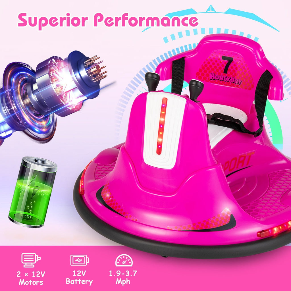 Auto-tamponneuse électrique 12V pour enfant avec double moteur de 25W, rotation à 360 degrés, harnais réglable et télécommande parentale, 66 lb, rose