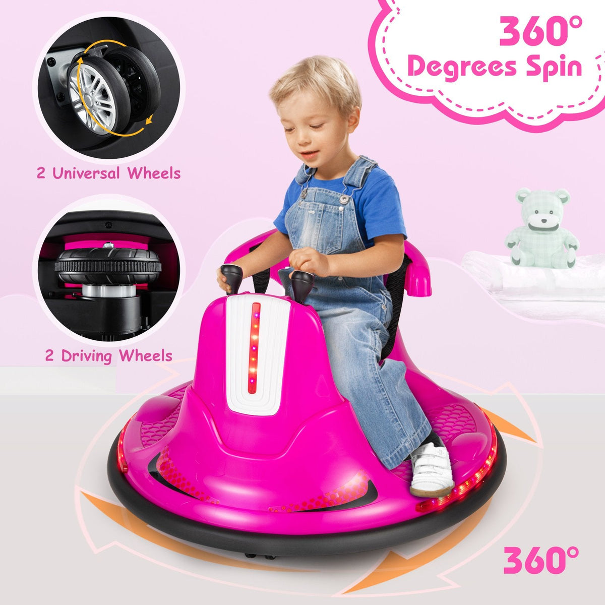 Auto-tamponneuse électrique 12V pour enfant avec double moteur de 25W, rotation à 360 degrés, harnais réglable et télécommande parentale, 66 lb, rose