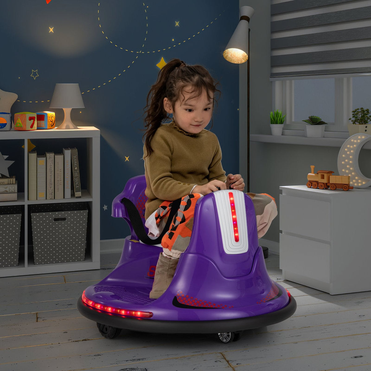 Coche de choque eléctrico de 12 V para niños, el mando a distancia tiene prioridad sobre las palancas de control, giro de 360°, parachoques blando, 66 lb, morado