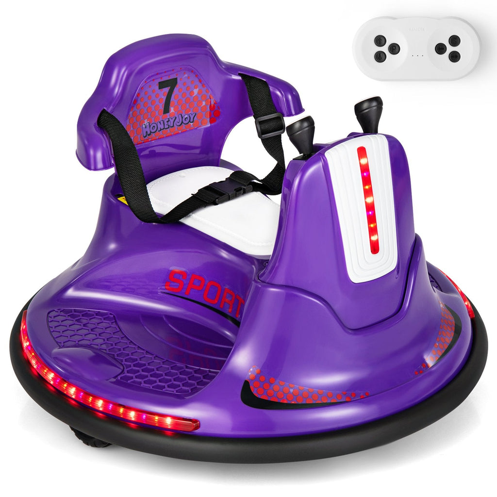 Coche de choque eléctrico de 12 V para niños, el mando a distancia tiene prioridad sobre las palancas de control, giro de 360°, parachoques blando, 66 lb, morado