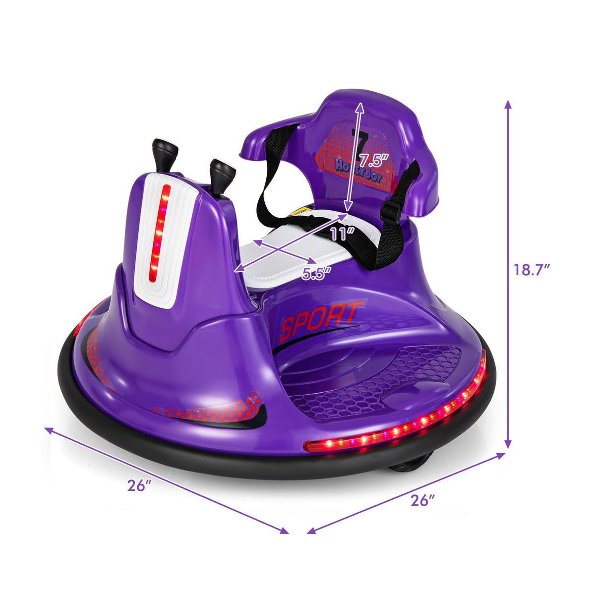 Coche de choque eléctrico de 12 V para niños, el mando a distancia tiene prioridad sobre las palancas de control, giro de 360°, parachoques blando, 66 lb, morado