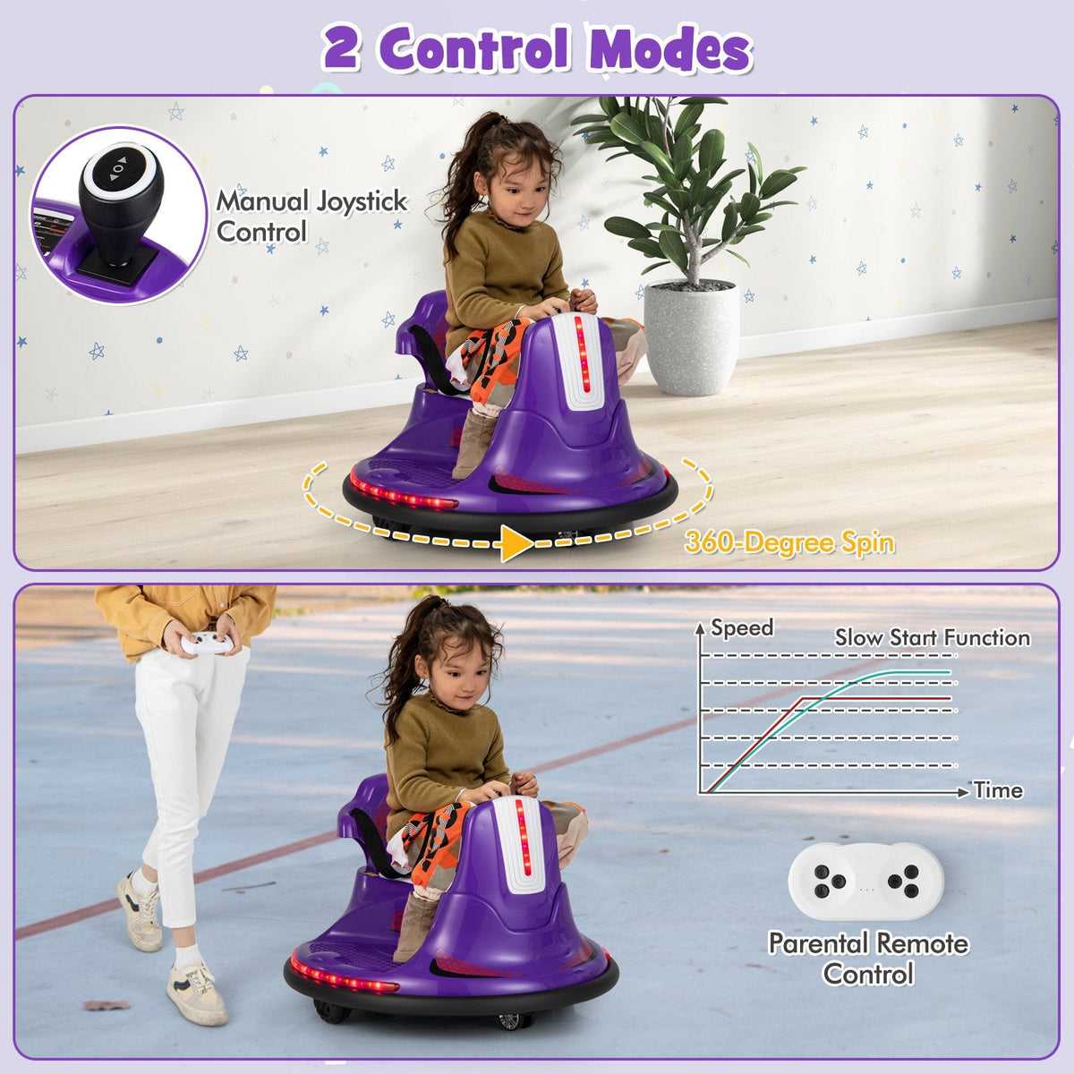Coche de choque eléctrico de 12 V para niños, el mando a distancia tiene prioridad sobre las palancas de control, giro de 360°, parachoques blando, 66 lb, morado