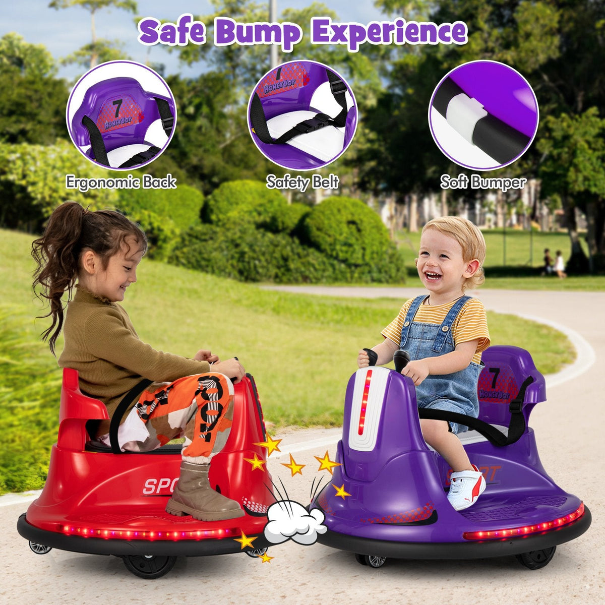 Coche de choque eléctrico de 12 V para niños, el mando a distancia tiene prioridad sobre las palancas de control, giro de 360°, parachoques blando, 66 lb, morado