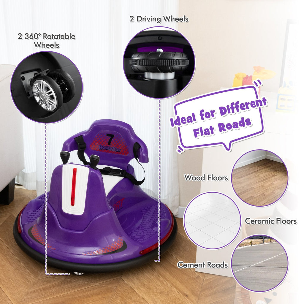 Coche de choque eléctrico de 12 V para niños, el mando a distancia tiene prioridad sobre las palancas de control, giro de 360°, parachoques blando, 66 lb, morado
