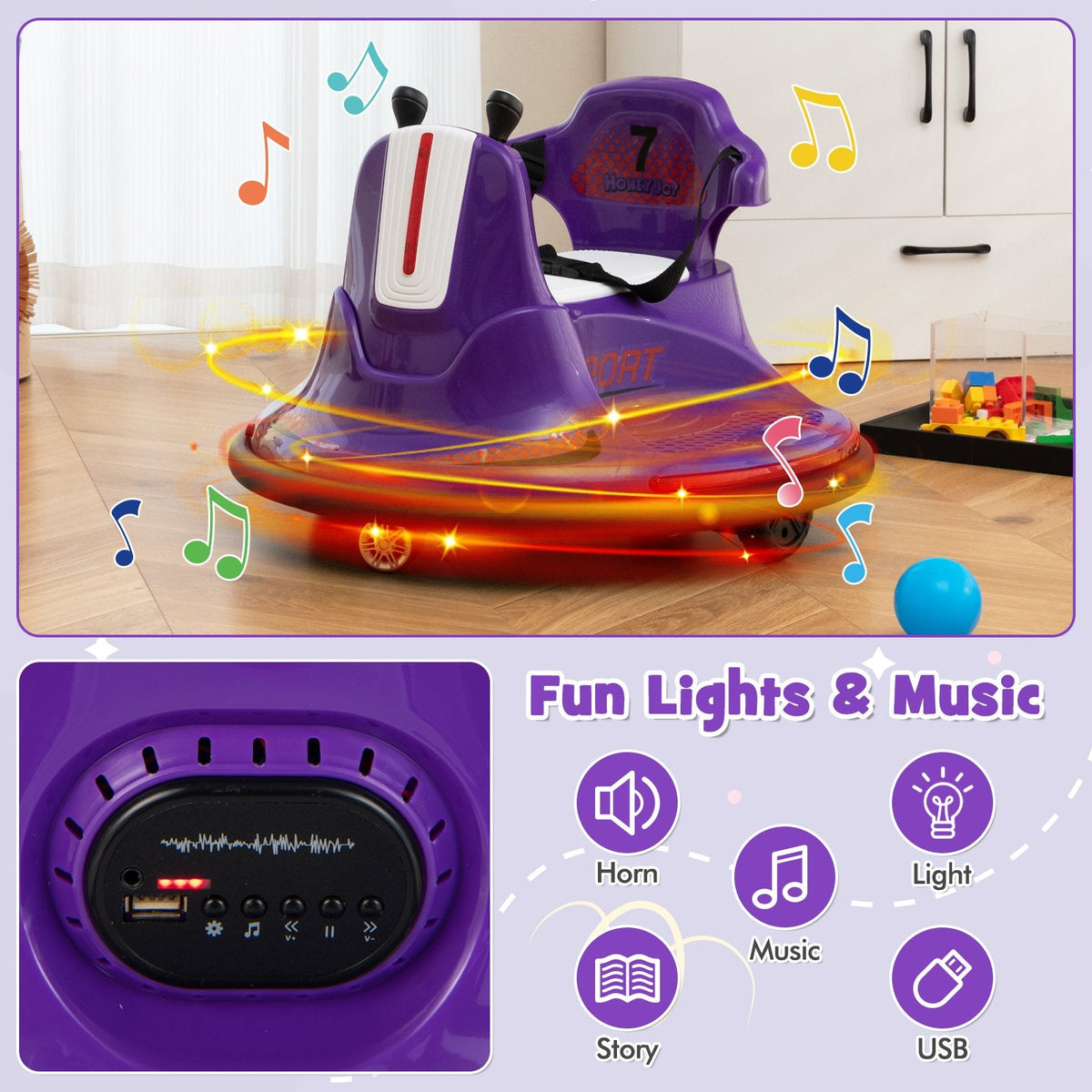 Coche de choque eléctrico de 12 V para niños, el mando a distancia tiene prioridad sobre las palancas de control, giro de 360°, parachoques blando, 66 lb, morado