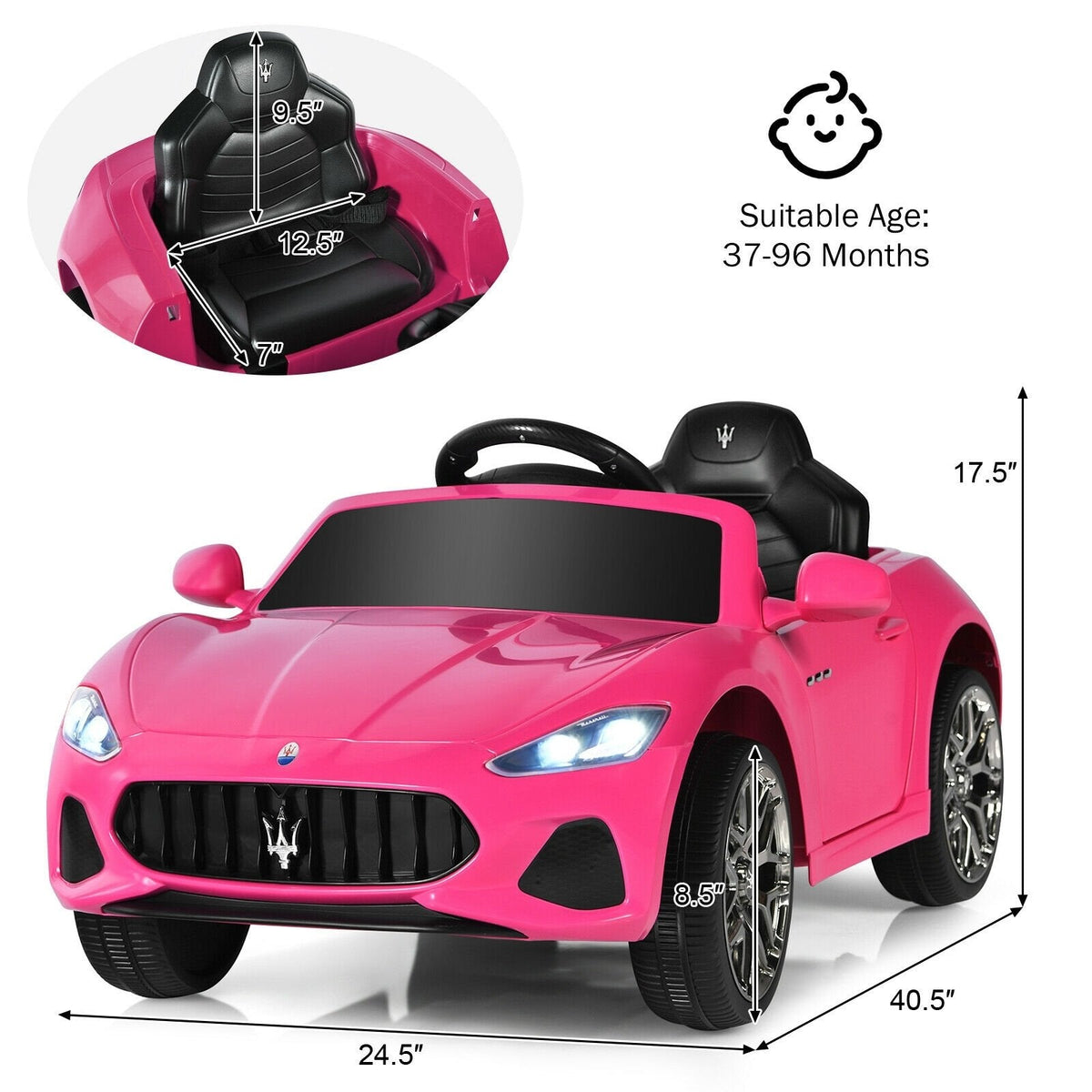 12V Licensed Maserati Kids Ride On Car with 2.4G Parent Remote, Spring Suspension, Radio and USB, 66 lb, Pink