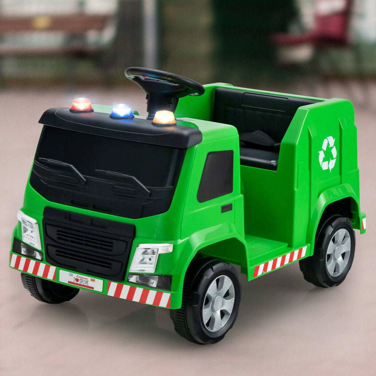 12-V-Kinder-Müllwagen zum Draufsitzen mit 6 Recyclingteilen, 3 Warnleuchten, Fernbedienung für Eltern und Getränkehalter, 77 lb, Grün