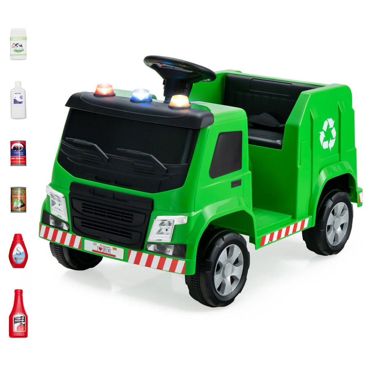12-V-Kinder-Müllwagen zum Draufsitzen mit 6 Recyclingteilen, 3 Warnleuchten, Fernbedienung für Eltern und Getränkehalter, 77 lb, Grün