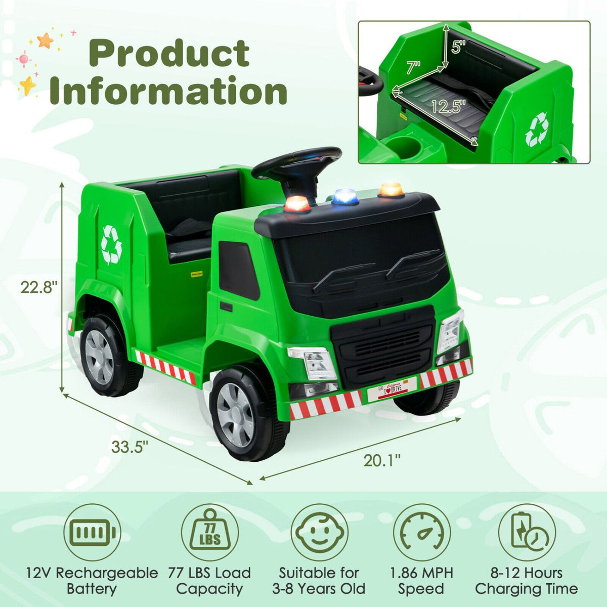 12-V-Kinder-Müllwagen zum Draufsitzen mit 6 Recyclingteilen, 3 Warnleuchten, Fernbedienung für Eltern und Getränkehalter, 77 lb, Grün