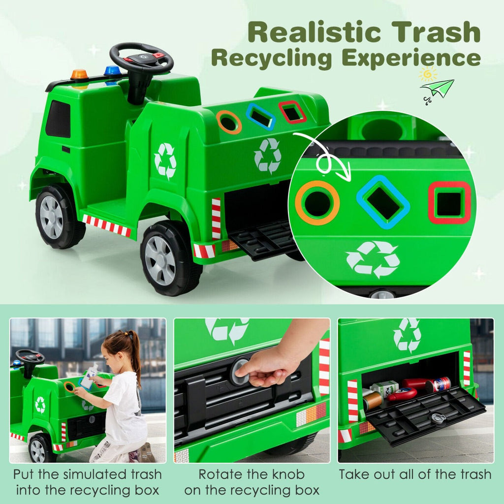 12-V-Kinder-Müllwagen zum Draufsitzen mit 6 Recyclingteilen, 3 Warnleuchten, Fernbedienung für Eltern und Getränkehalter, 77 lb, Grün