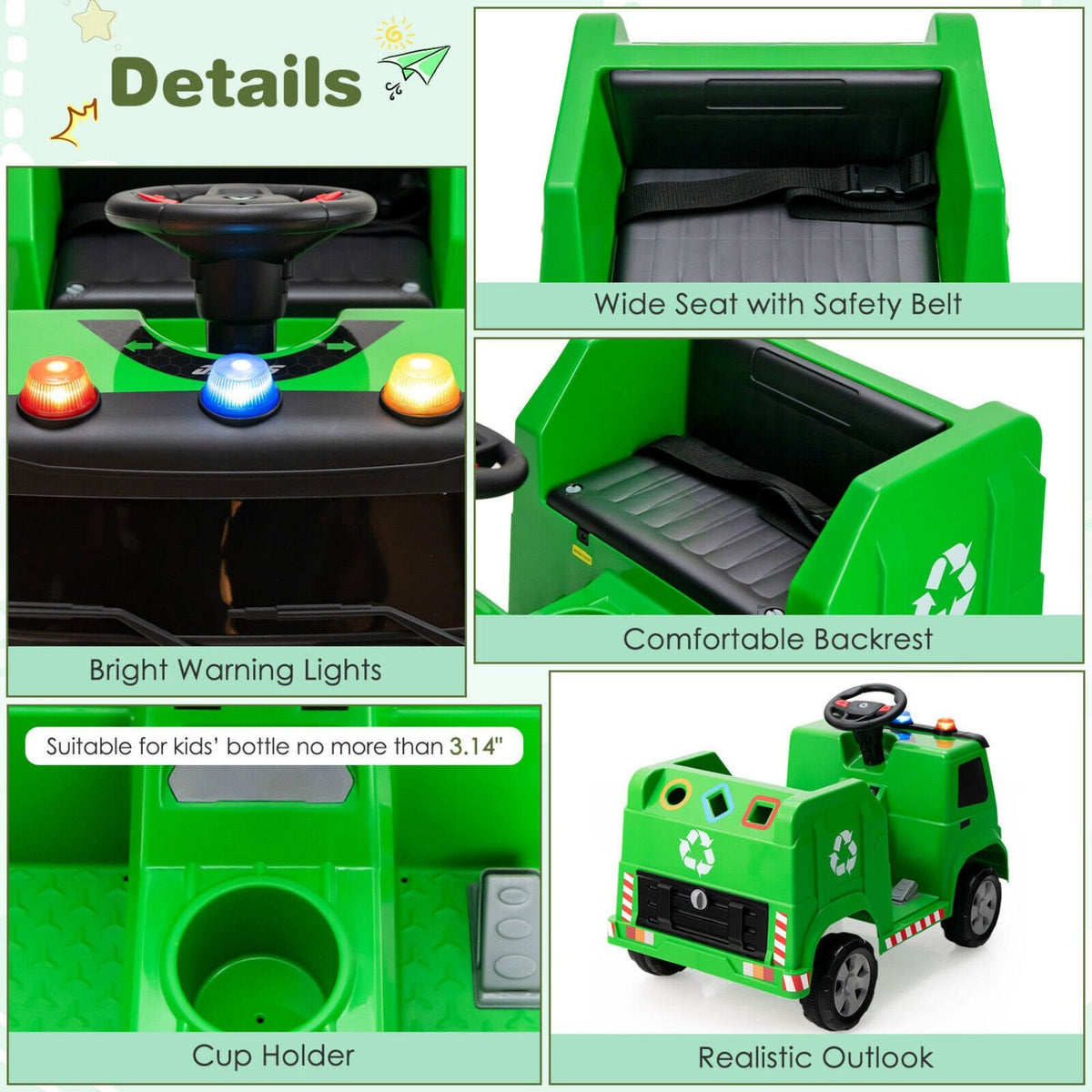 12-V-Kinder-Müllwagen zum Draufsitzen mit 6 Recyclingteilen, 3 Warnleuchten, Fernbedienung für Eltern und Getränkehalter, 77 lb, Grün
