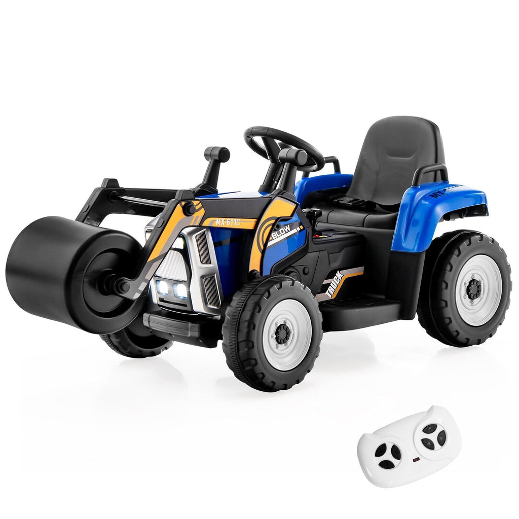 Aplanadora infantil de 12 V con control remoto de 2,4 G, freno de emergencia, 3 velocidades y arranque suave, 66 lb, azul