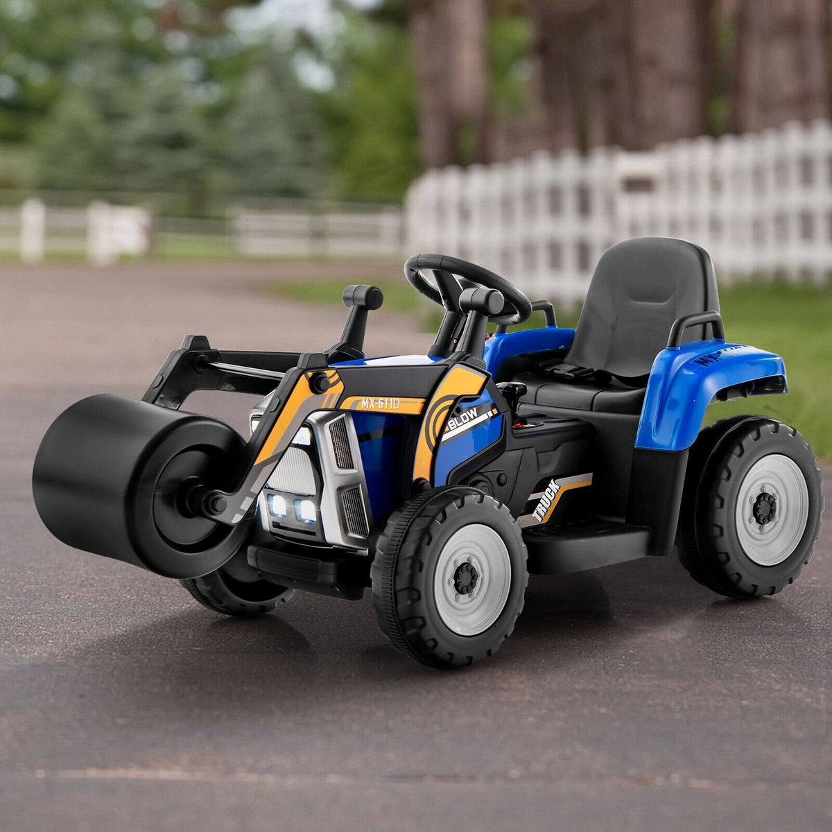 Aplanadora infantil de 12 V con control remoto de 2,4 G, freno de emergencia, 3 velocidades y arranque suave, 66 lb, azul