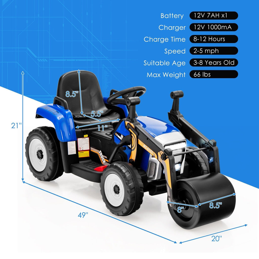 Aplanadora infantil de 12 V con control remoto de 2,4 G, freno de emergencia, 3 velocidades y arranque suave, 66 lb, azul