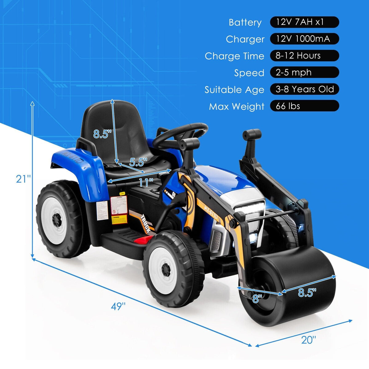 Aplanadora infantil de 12 V con control remoto de 2,4 G, freno de emergencia, 3 velocidades y arranque suave, 66 lb, azul