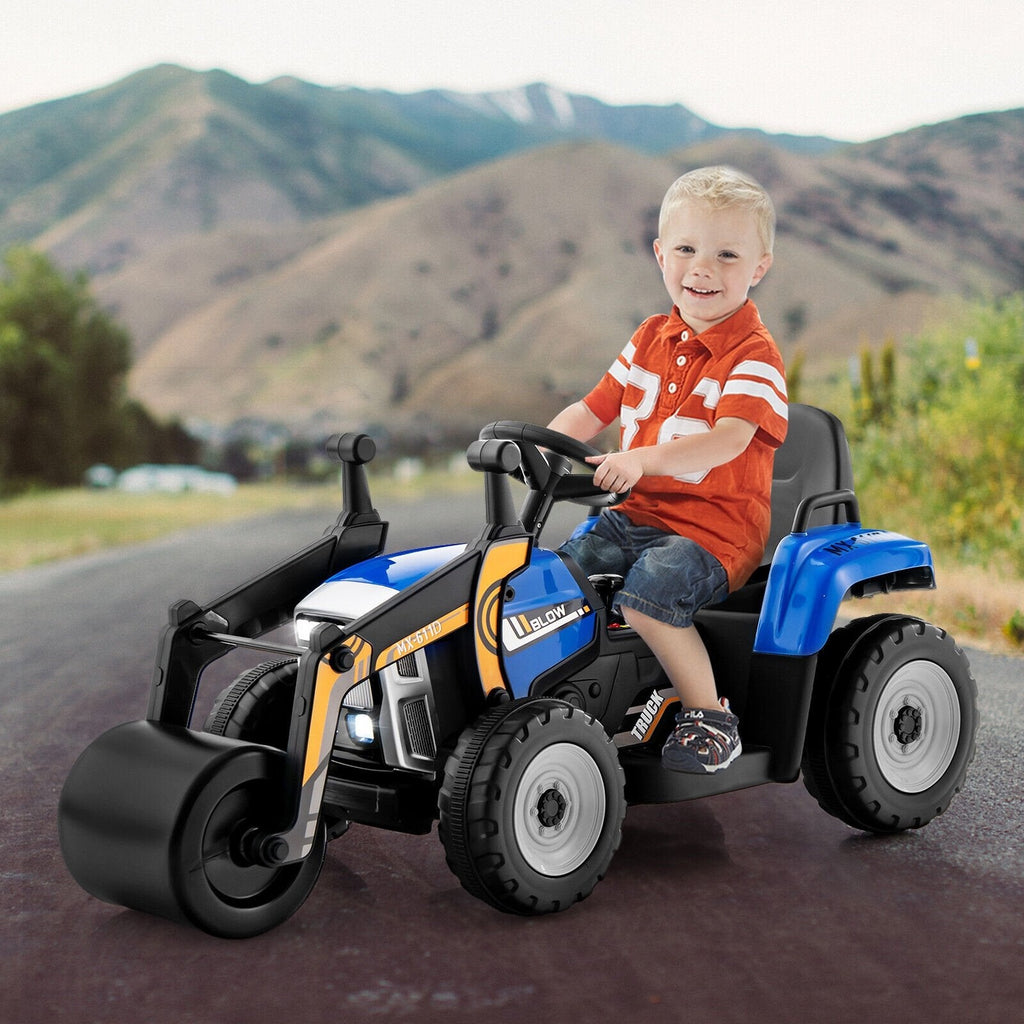 Aplanadora infantil de 12 V con control remoto de 2,4 G, freno de emergencia, 3 velocidades y arranque suave, 66 lb, azul