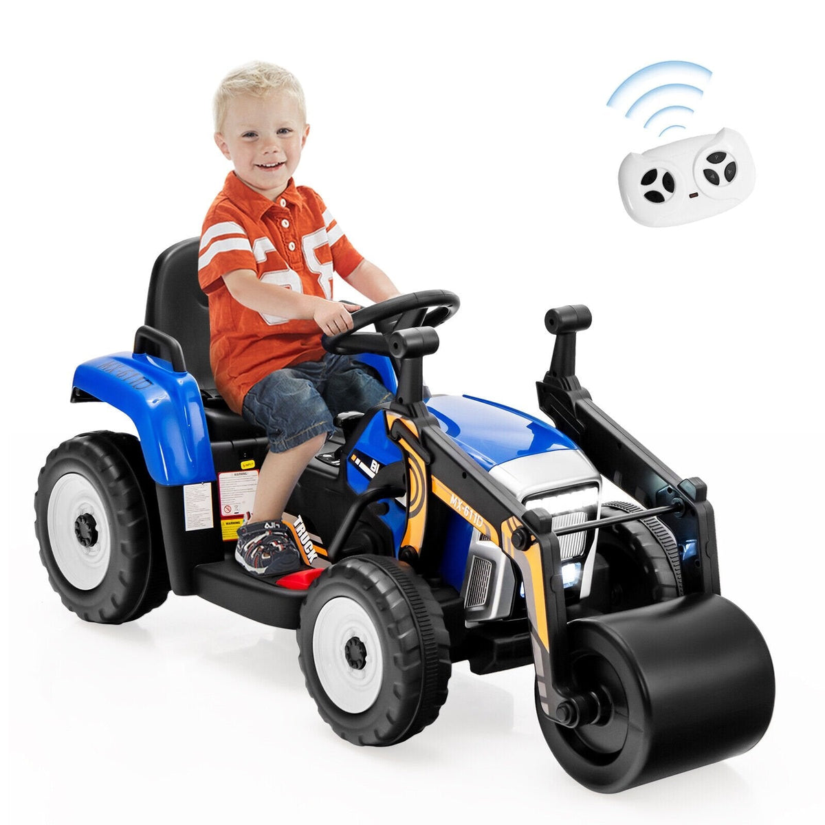 Aplanadora infantil de 12 V con control remoto de 2,4 G, freno de emergencia, 3 velocidades y arranque suave, 66 lb, azul
