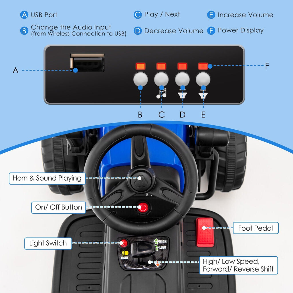 Aplanadora infantil de 12 V con control remoto de 2,4 G, freno de emergencia, 3 velocidades y arranque suave, 66 lb, azul
