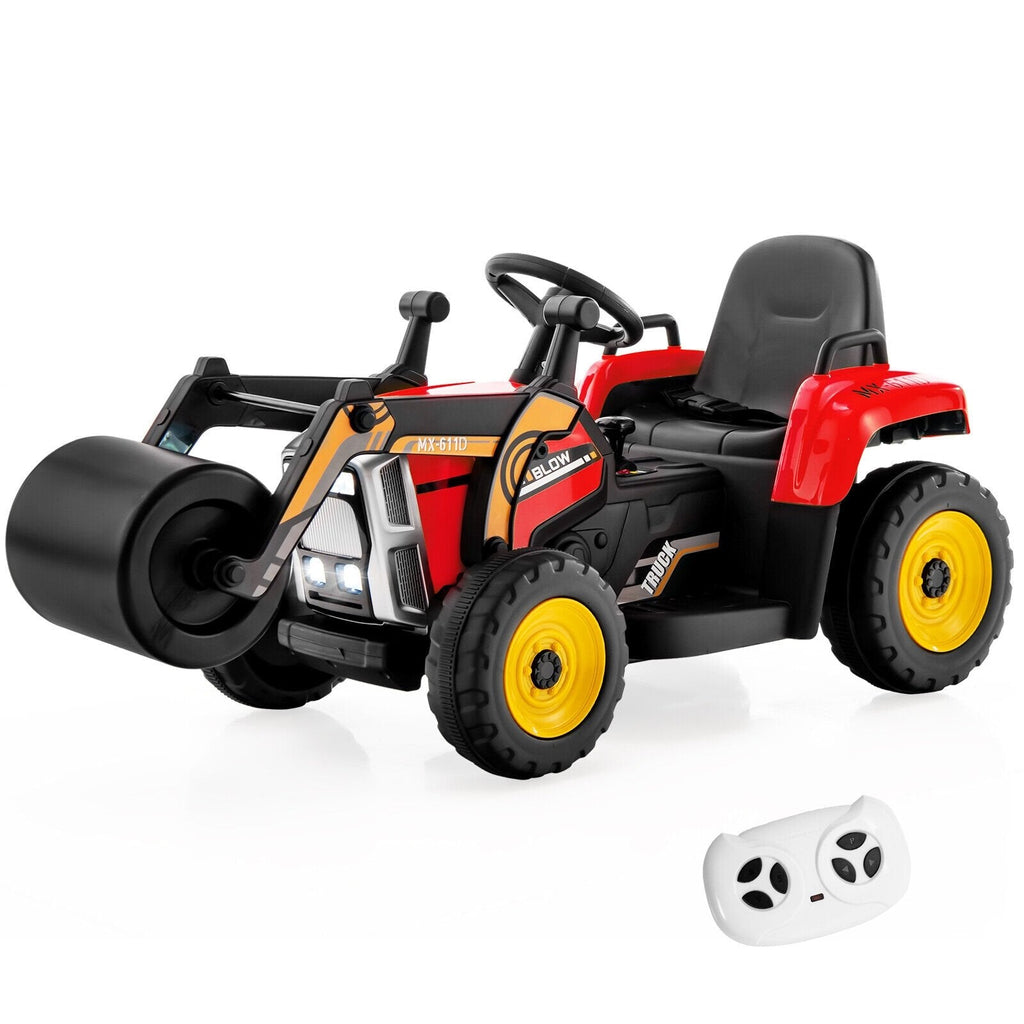 Aplanadora infantil de 12 V con estructura de PP y acero, faros LED, control remoto de 3 velocidades y arranque suave, 66 lb, roja