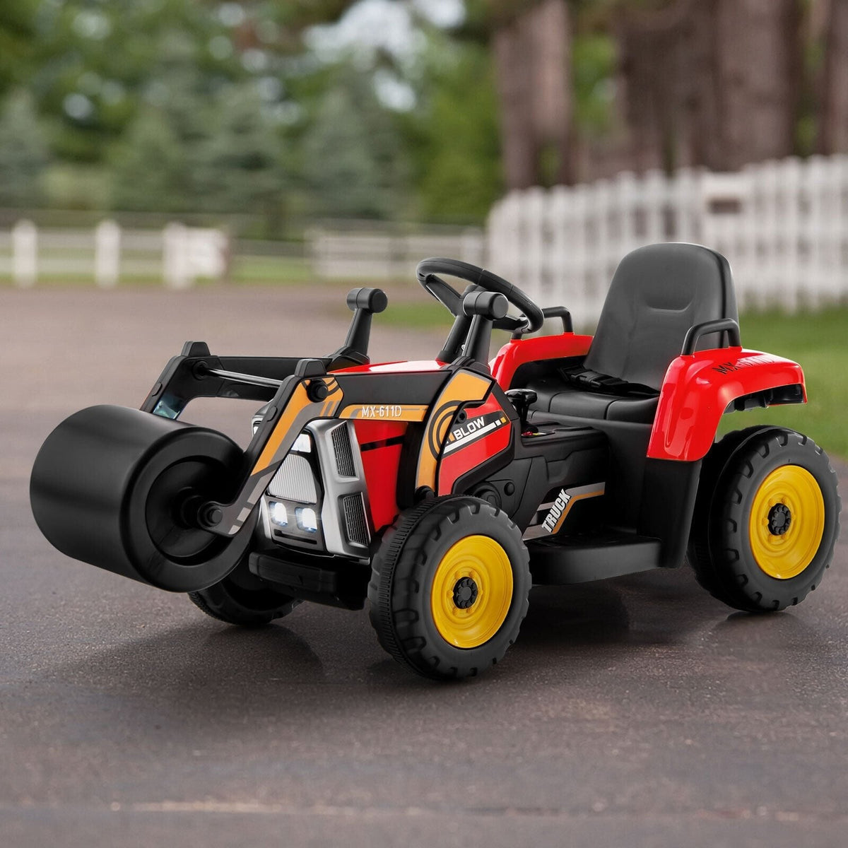 Aplanadora infantil de 12 V con estructura de PP y acero, faros LED, control remoto de 3 velocidades y arranque suave, 66 lb, roja