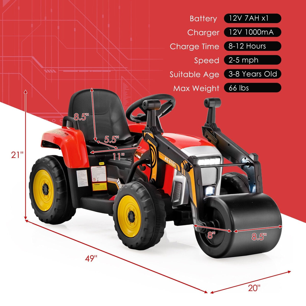 Aplanadora infantil de 12 V con estructura de PP y acero, faros LED, control remoto de 3 velocidades y arranque suave, 66 lb, roja