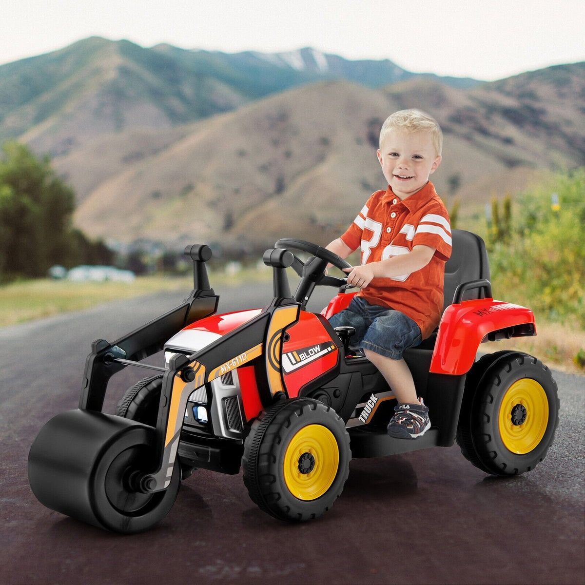 Aplanadora infantil de 12 V con estructura de PP y acero, faros LED, control remoto de 3 velocidades y arranque suave, 66 lb, roja