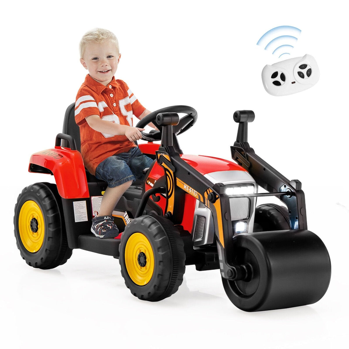 Aplanadora infantil de 12 V con estructura de PP y acero, faros LED, control remoto de 3 velocidades y arranque suave, 66 lb, roja