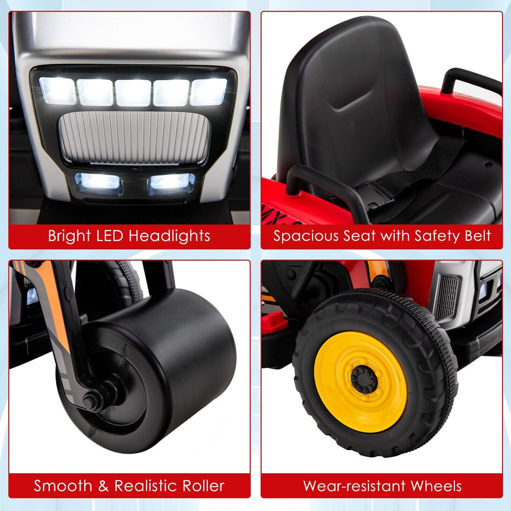 Aplanadora infantil de 12 V con estructura de PP y acero, faros LED, control remoto de 3 velocidades y arranque suave, 66 lb, roja