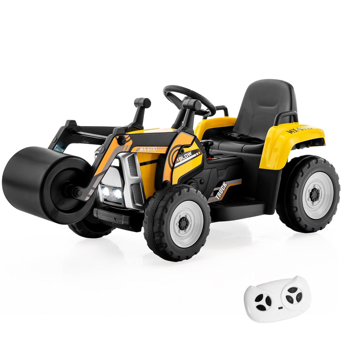 Niveleuse électrique 12V pour enfant avec dossier haut, barrières latérales et ceinture réglable, télécommande 2.4G, 66 lb, Jaune