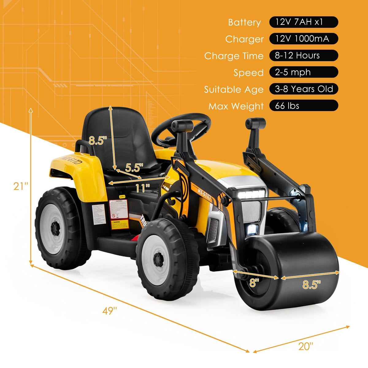 Niveleuse électrique 12V pour enfant avec dossier haut, barrières latérales et ceinture réglable, télécommande 2.4G, 66 lb, Jaune