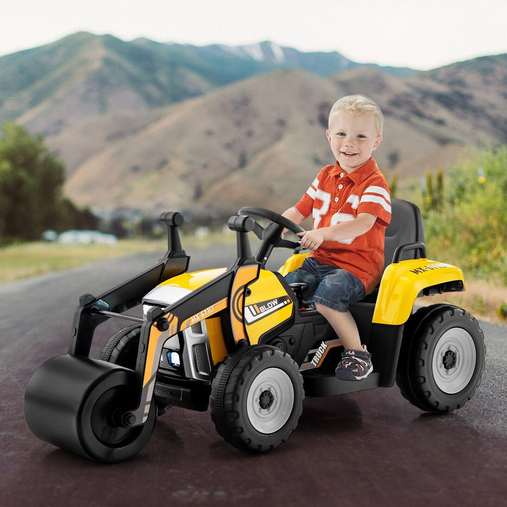 Niveleuse électrique 12V pour enfant avec dossier haut, barrières latérales et ceinture réglable, télécommande 2.4G, 66 lb, Jaune