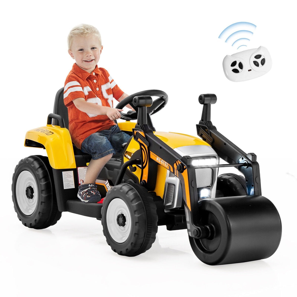 Niveleuse électrique 12V pour enfant avec dossier haut, barrières latérales et ceinture réglable, télécommande 2.4G, 66 lb, Jaune