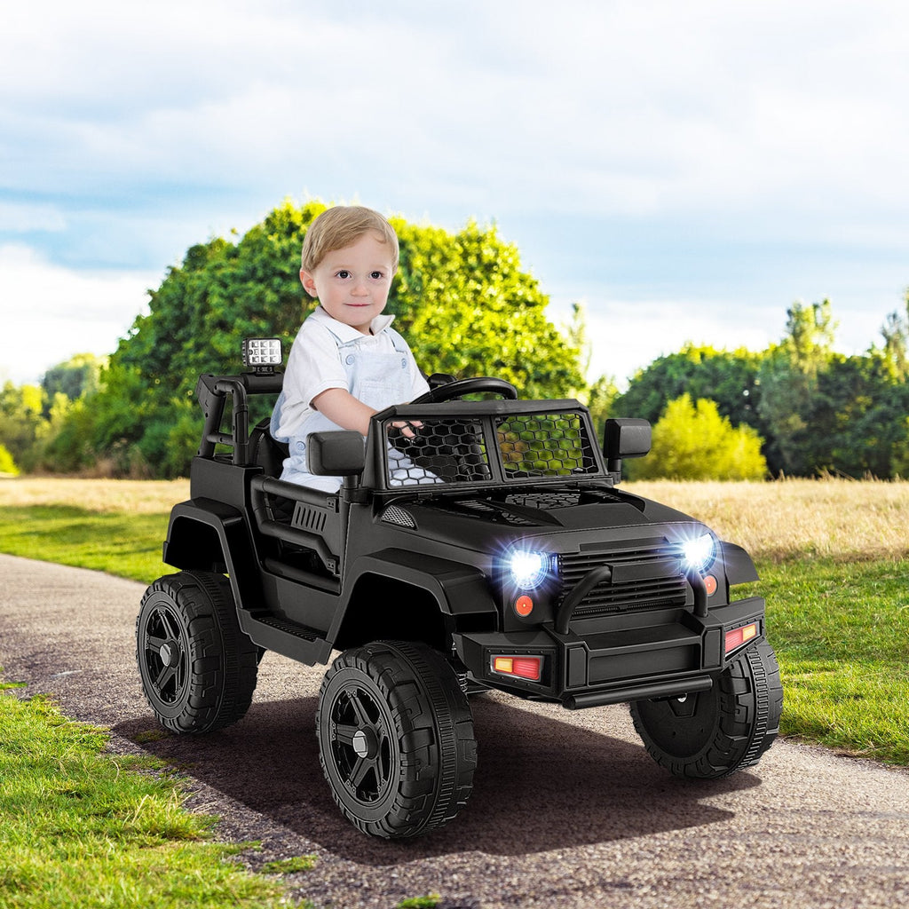 12V Kinder-Elektroauto mit Elternenfernbedienung, 3 Geschwindigkeitsstufen, Sanftanlauf, Federung, USB und AUX, 66 lb, Schwarz