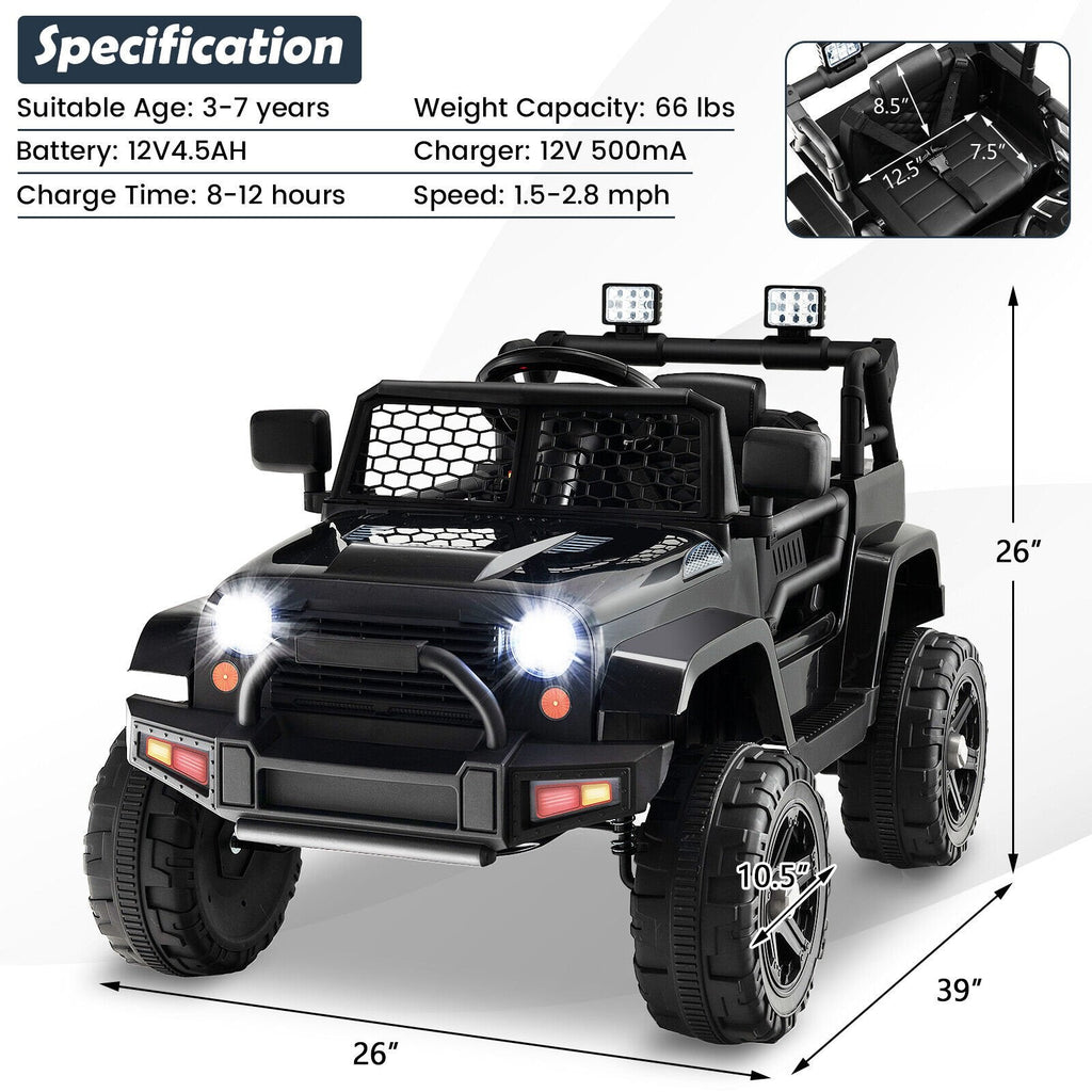 12V Kinder-Elektroauto mit Elternenfernbedienung, 3 Geschwindigkeitsstufen, Sanftanlauf, Federung, USB und AUX, 66 lb, Schwarz