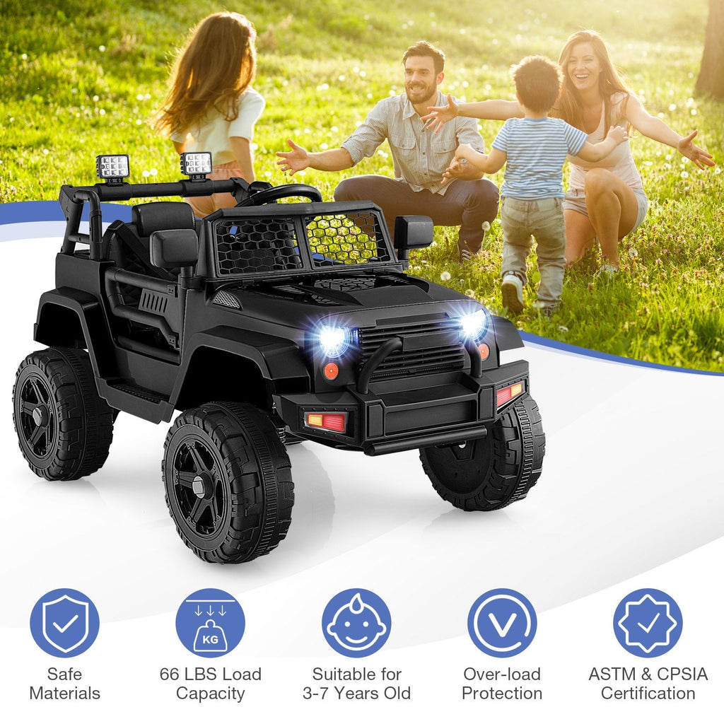 12V Kinder-Elektroauto mit Elternenfernbedienung, 3 Geschwindigkeitsstufen, Sanftanlauf, Federung, USB und AUX, 66 lb, Schwarz