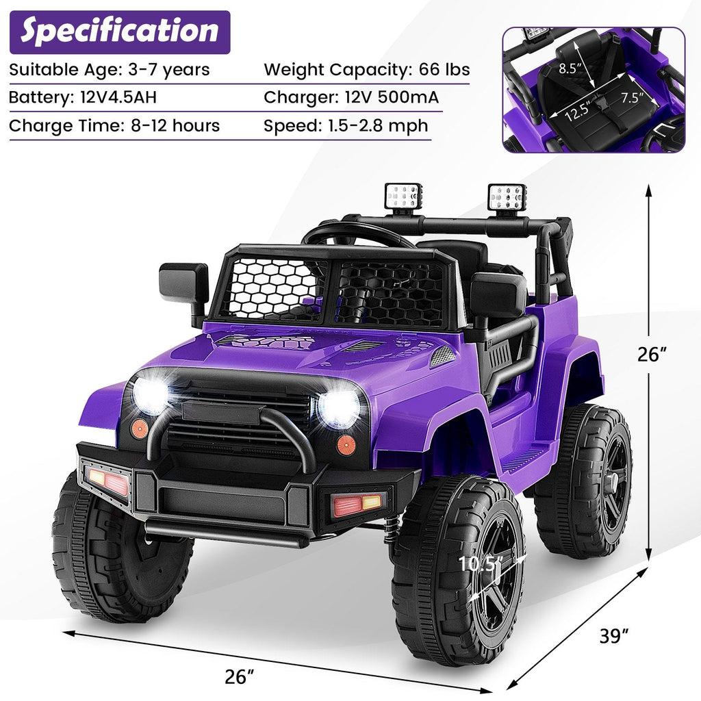 Véhicule électrique 12V pour enfant avec autonomie de 98 ft, télécommande parentale, 3 vitesses, ceinture de sécurité, verrouillage des portes et suspension à ressorts, 66 lb, violet