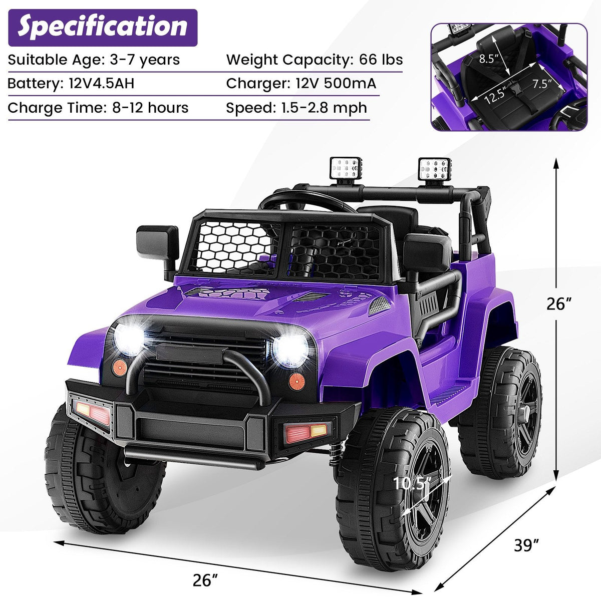 12V Kids Ride On Truck with 98 ft Range Parent Remote, 3 Speeds, Seat Belt, Door Locks and Spring Suspension, 66 lb, Purple