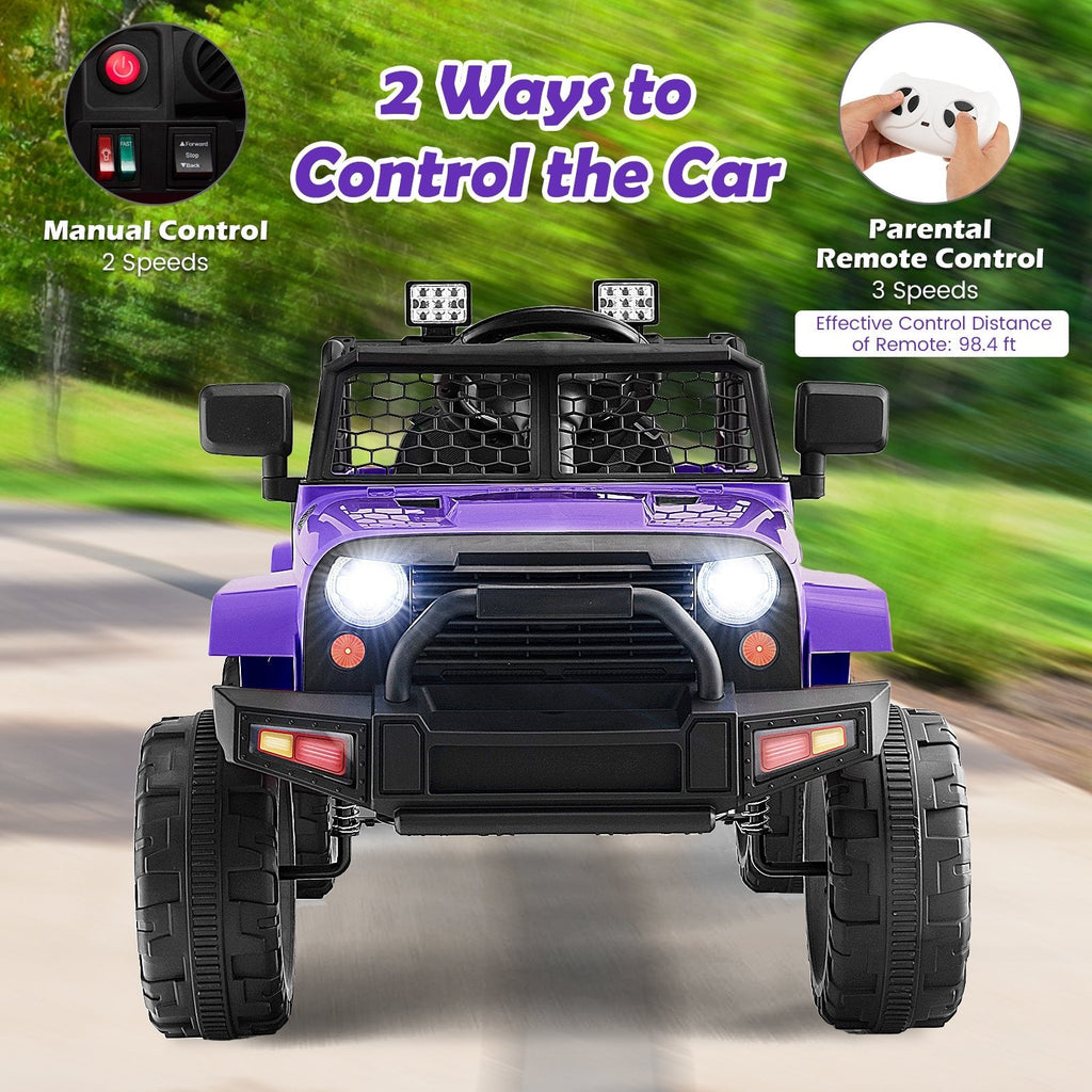 Véhicule électrique 12V pour enfant avec autonomie de 98 ft, télécommande parentale, 3 vitesses, ceinture de sécurité, verrouillage des portes et suspension à ressorts, 66 lb, violet