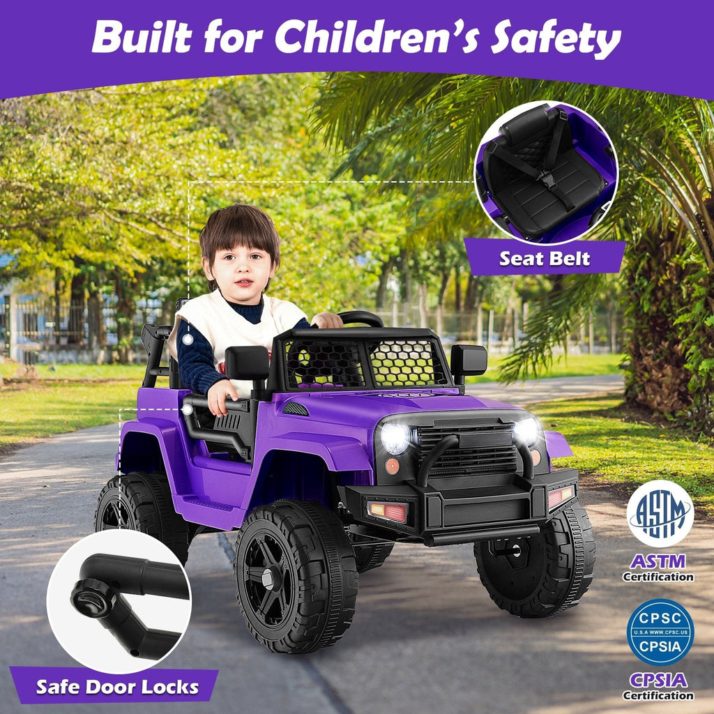 Véhicule électrique 12V pour enfant avec autonomie de 98 ft, télécommande parentale, 3 vitesses, ceinture de sécurité, verrouillage des portes et suspension à ressorts, 66 lb, violet