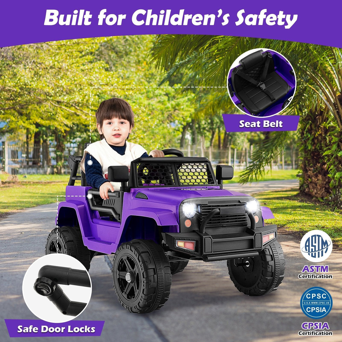 Véhicule électrique 12V pour enfant avec autonomie de 98 ft, télécommande parentale, 3 vitesses, ceinture de sécurité, verrouillage des portes et suspension à ressorts, 66 lb, violet