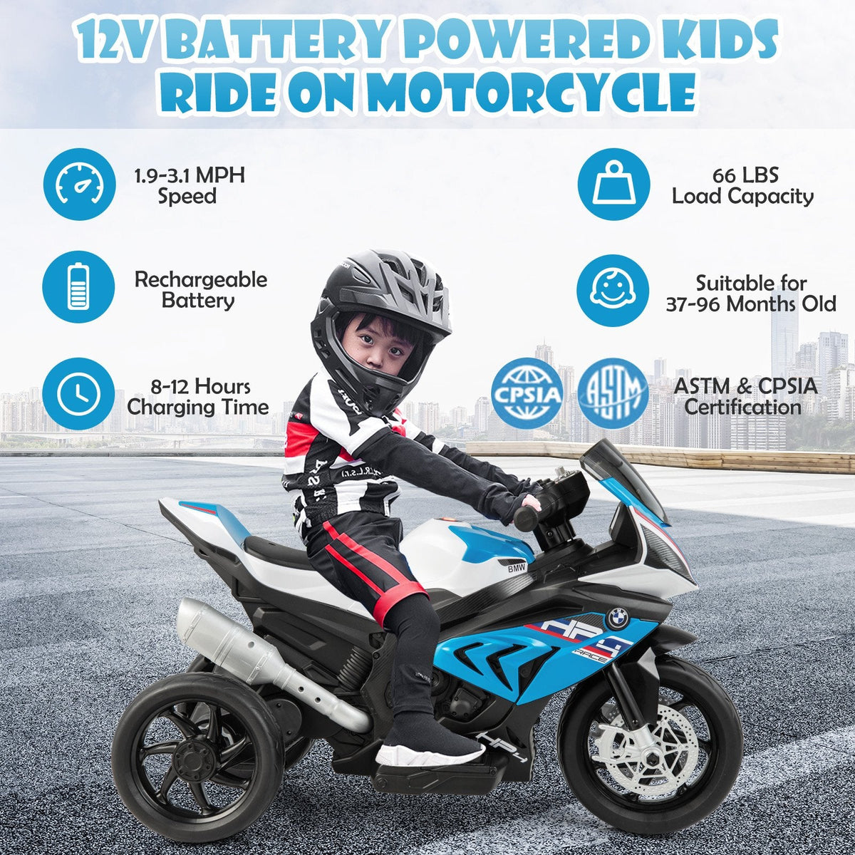 12V Licensed BMW Kids 3 Wheel Motorcycle with High and Low Speed, USB, Study Mode and Headlight, 66 lb, Blue