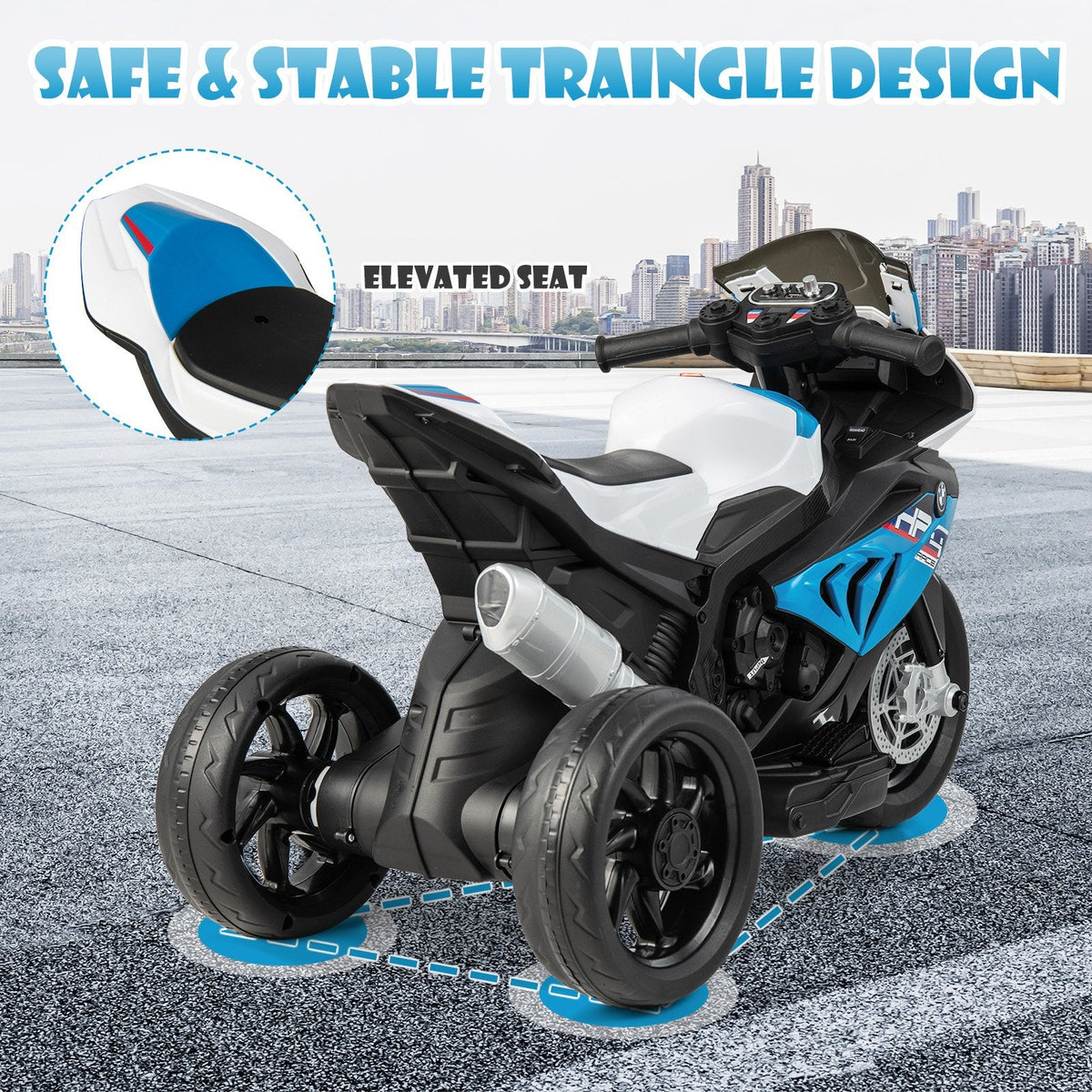 Moto 3 roues pour enfant 12V sous licence BMW avec vitesses haute et basse, USB, mode étude et phare, 66 lb, bleue