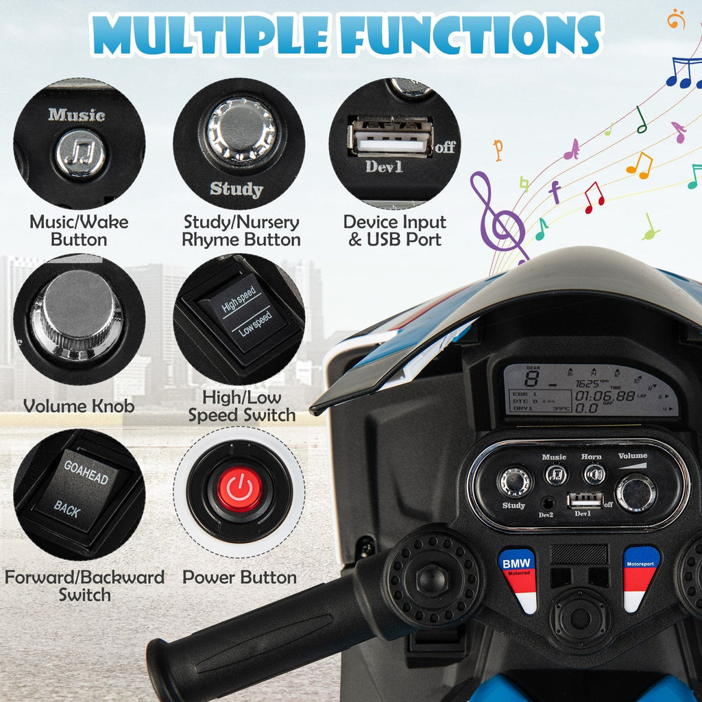 Moto 3 roues pour enfant 12V sous licence BMW avec vitesses haute et basse, USB, mode étude et phare, 66 lb, bleue