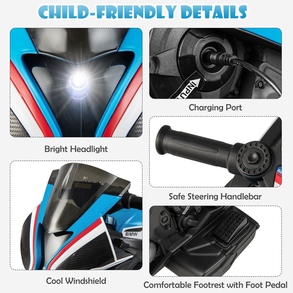Moto 3 roues pour enfant 12V sous licence BMW avec vitesses haute et basse, USB, mode étude et phare, 66 lb, bleue