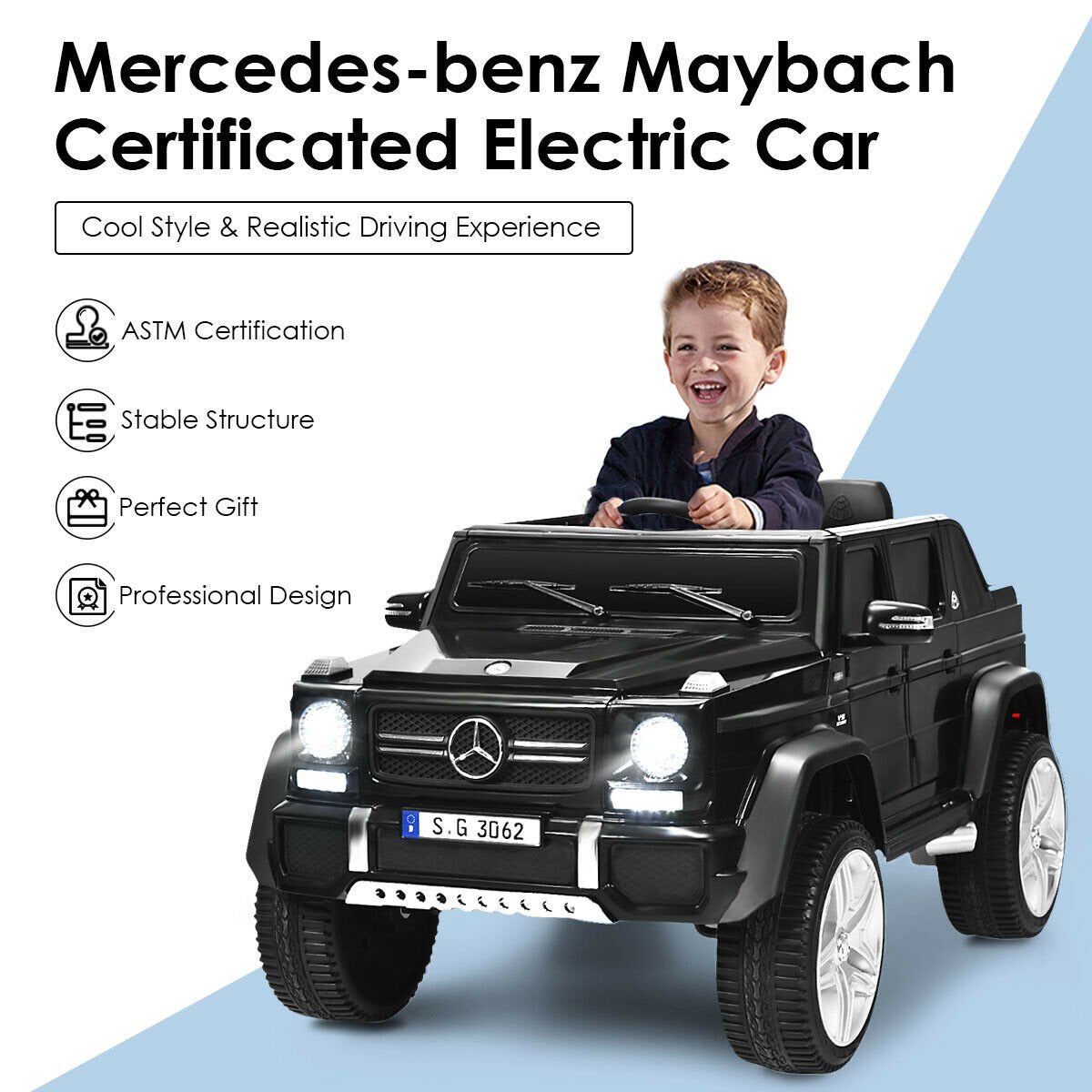 Coche eléctrico infantil Mercedes-Benz Maybach de 12V con licencia, suspensión en las cuatro ruedas, control remoto 2.4G y seguros en las puertas, 30 kg, negro