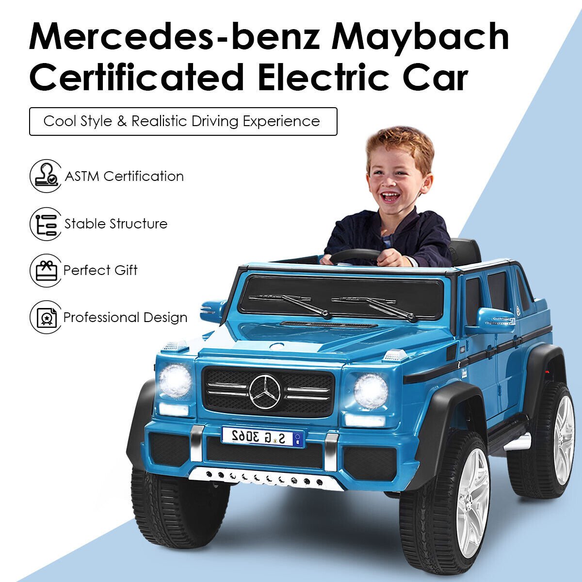 12V lizenziertes Mercedes-Benz Maybach Kinder-Elektroauto mit Schiebegriff, Trittstufe, 2,4-GHz-Fernbedienung und USB, 29,5 kg, Marineblau