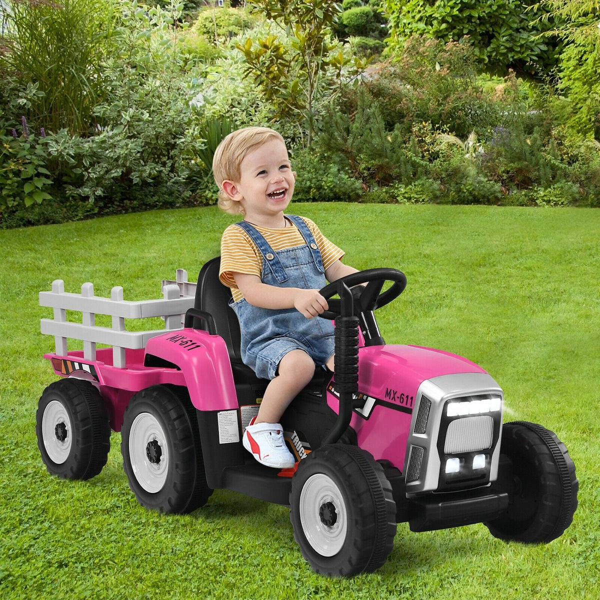 Tracteur électrique 12V pour enfant avec grande remorque amovible, 3 vitesses, feux LED et ceinture de sécurité, 66 lb, rose