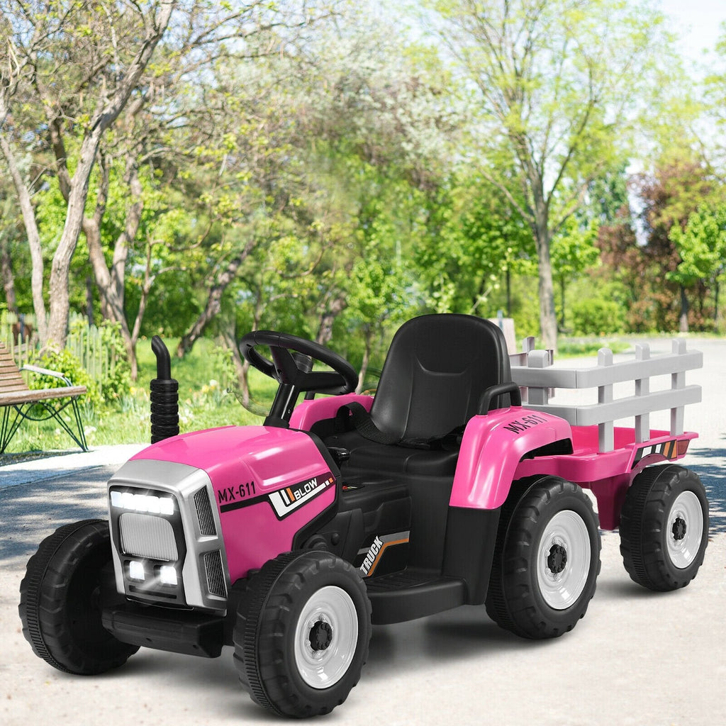 Tracteur électrique 12V pour enfant avec grande remorque amovible, 3 vitesses, feux LED et ceinture de sécurité, 66 lb, rose